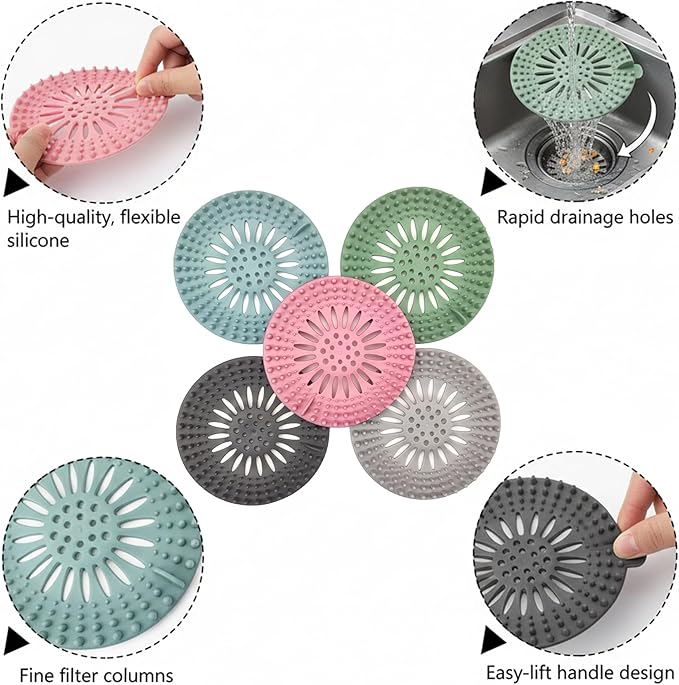 Silicone Drain Hair Catcher 5-Pack – Flexible TPR Drain Strainer & Cover for Bathroom Shower, Bathtub & Kitchen Sink – Reusable Non-Slip Hair Trap, Anti-Clog Drain Protector, Multi-Color