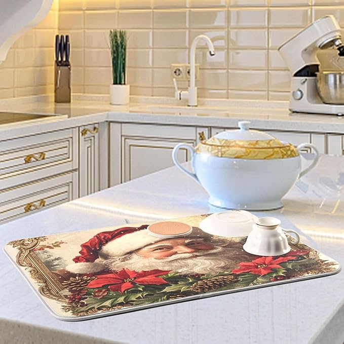 Christmas Santa Claus Poinsettia Dish Drying Mat for Kitchen Counter Absorbent Microfiber Drying Pad, Medium 16x18 in