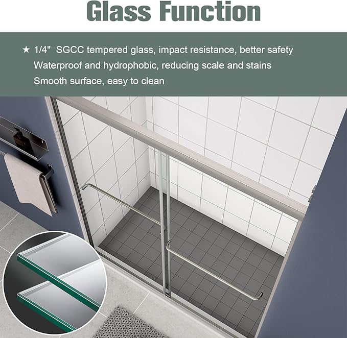 Bypass Glass Shower Door 56-60" W x 70" H with 1/4" Clear SGCC Tempered Glass, Semi-Frameless Double Sliding Shower Door, Easy to Clean, Easy to Install, Chrome