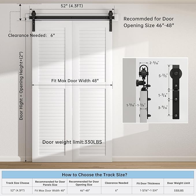 52" Bi-Folding Sliding Barn Door Hardware Track Kit,Smoothly&Quietly,Side Mounted Black Roller,Easy Install,Door Not Included [Fit Double 24" Bifold Doors]