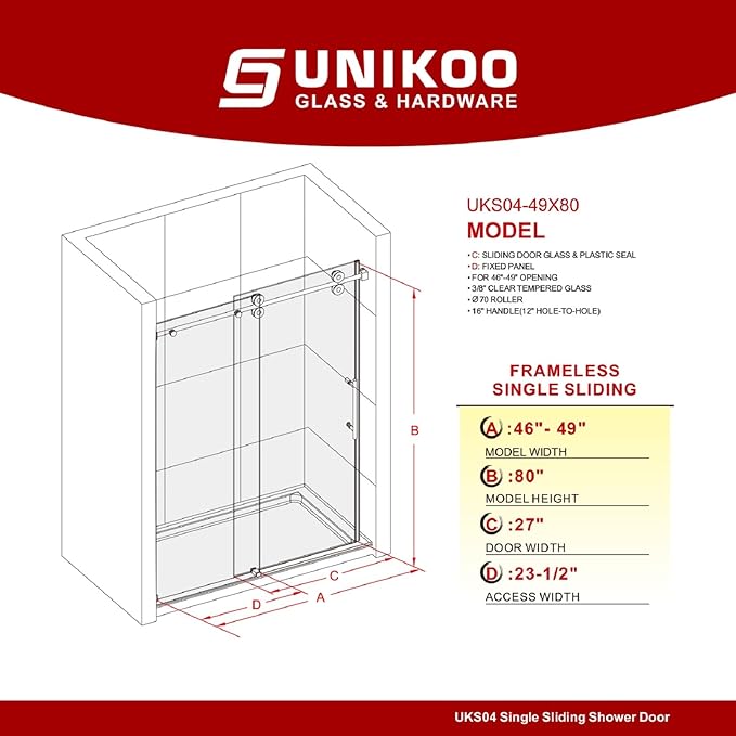 46-49 Inch x 80 Inch Sliding Frameless Shower Door, 3/8" Tempered Glass with Easy-Cleaning Coating, Stainless Steel Rollers & SGCC-Certified Stability, Bright Chrome