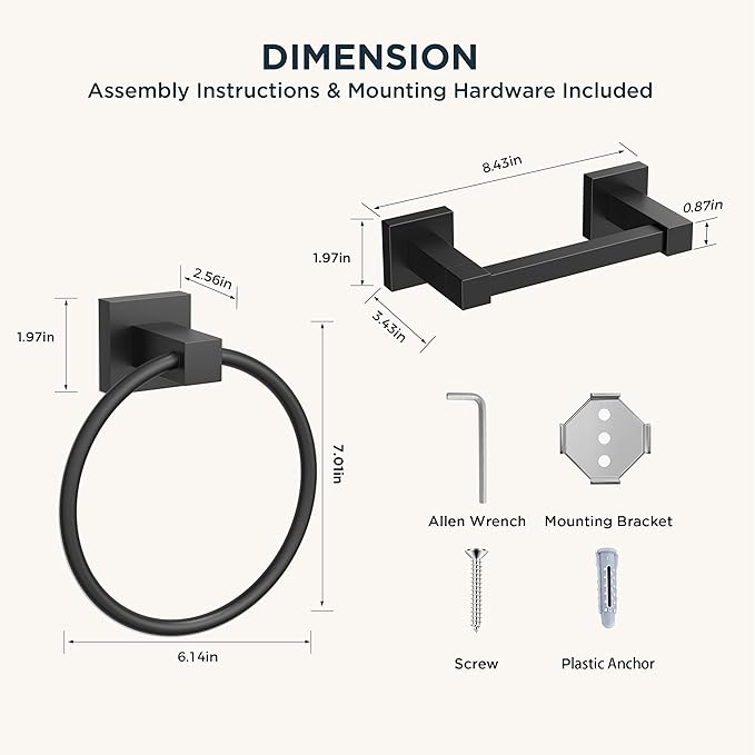 FORIOUS Toilet Paper Holder Wall Mount and Hand Towel Ring Set, SUS 304 Stainless Steel Double Post Pivoting Tissue Roll Holder, Modern Bathroom Hardware Accessories Set, Matte Black (Pack of 2)