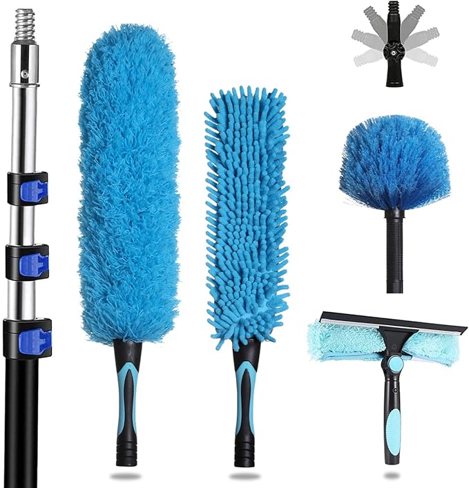 MAYKI 20 Foot High Reach Dusters for Cleaning 5 PCS, Ceiling Fan Dusters with Extension Pole, Cobweb Duster with Extension Pole for High Ceilings/Fans, 2 in 1 Window Squeegee Duster