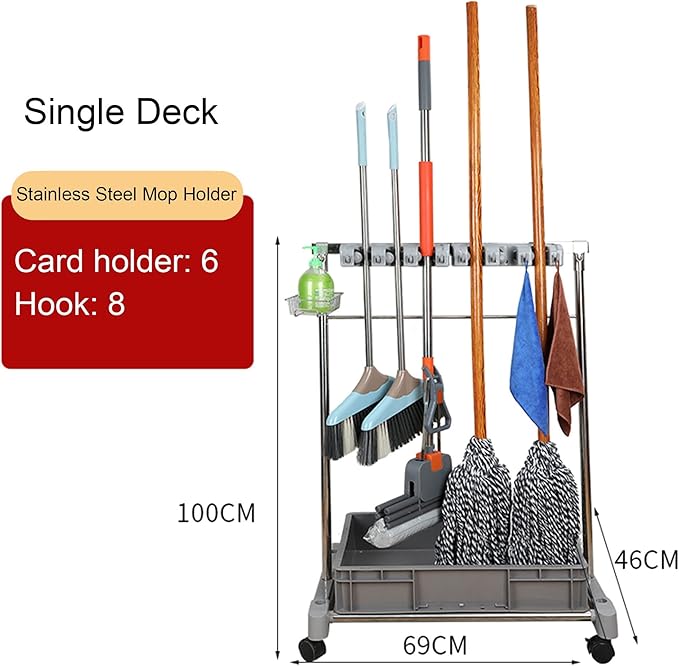 Movable Commercial Mop Rack,Floor Standing Cleaning Tool Cart Storage,Mop and Broom Garden Tool Holder,Housekeeping Cart, Umbrella Stand,Double Deck Stainless Steel Bracket,can Put Wet Mop (Color :