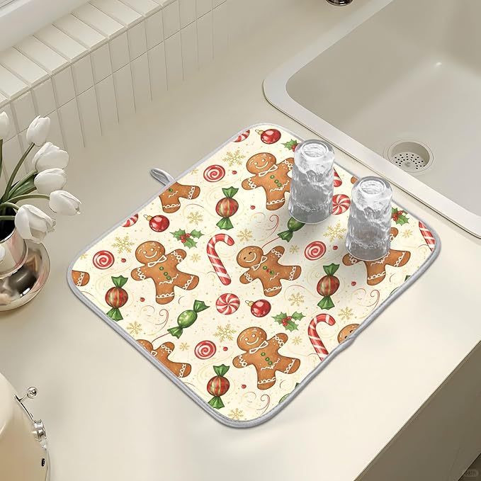 Christmas Gingerbread Cookie Man Sugar Dish Drying Mat for Kitchen Counter Absorbent Microfiber Large Drying Pad Dish Mats for Kitchen Countertops 18 x 24 Inch