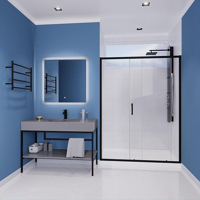 ANZZI 72 x 60 inch Framed Shower Door in Matte Black | Halberd Water Repellent Glass Shower Door with Seal Strip Parts | Easy Glide Rollers Sliding Shower Door | SD-AZ052-02MB