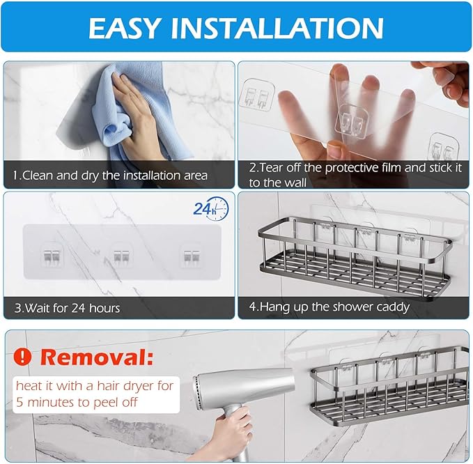 6 Pack Shower Caddy Adhesive Replacement, Shower Adhesive Strips, Strong Adhesive Hooks, Waterproof Sticker, No Drilling, for Bathroom Shelf and Kitchen Racks
