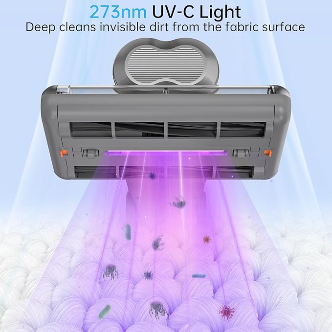 Mattress Vacuum,20Kpa Bed Vacuum Cleaner with 273nm UV-C Light & Ultrasonic & High Heating, Dual Brush Roll Rotation & Dust Cup, 500W Deep Cleaning 99.9% Filtration with 32000 RPM/Min