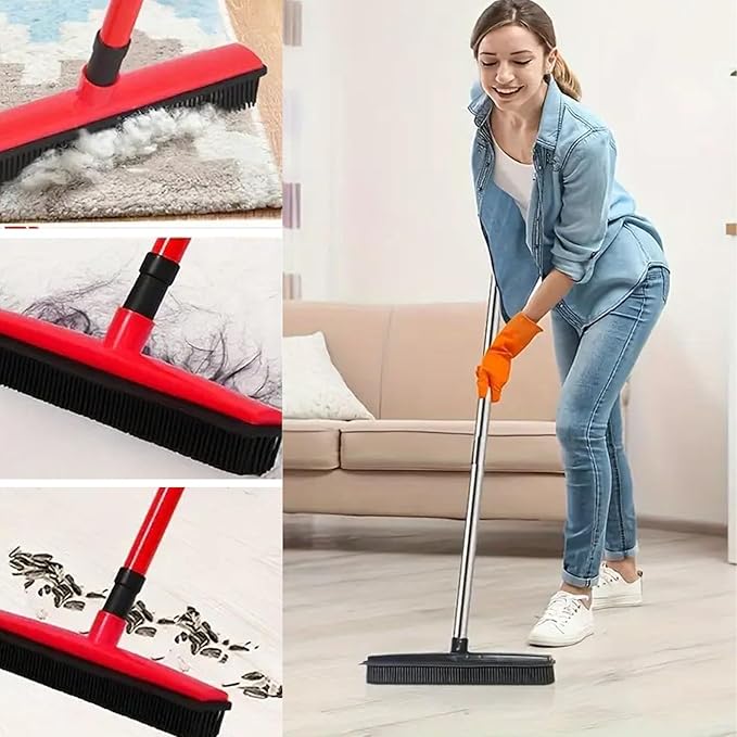 Pet Hair Rubber Broom, Rubber Broom for Pet Hair On Carpet, Pets Hairs Removal Broom with 49" Adjustable Handle, Soft Push Broom with Squeegee for Carpet, Hardwood Floor, Tile (B)