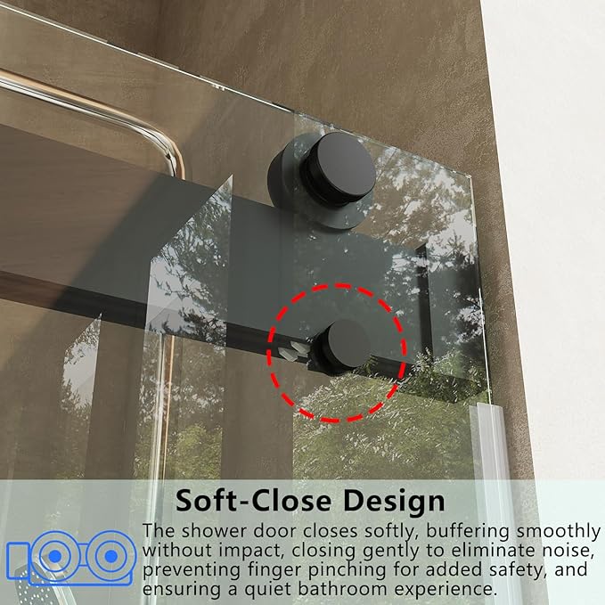 Frameless Soft Close Shower Door, 72"-76 "W, 76 "H, 3/8" (10mm) Clear Tempered Glass, Double Sliding Doors, Matte Black Finish.