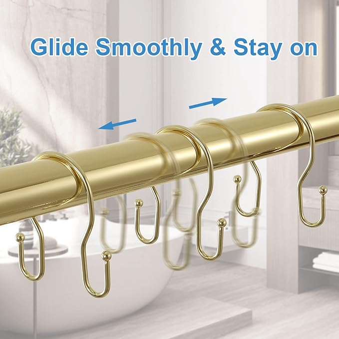 24 Pack Double Shower Curtain Hooks Rings, TENOVEL Double Sided Shower Curtain Hooks Rust Proof for Shower Curtain, Stainless Steel Bathroom Shower Hangers Rings for Shower Rods, Gold