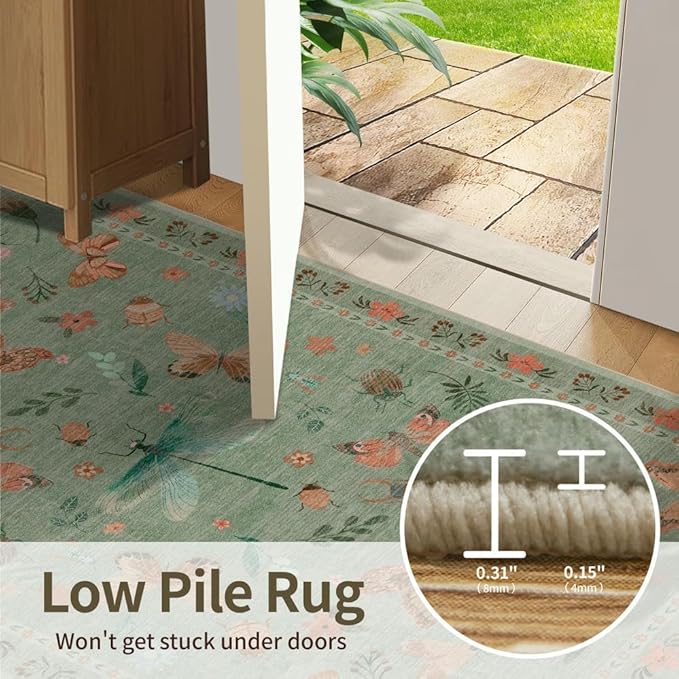 5x7 Washable Area Rugs for Bedroom & Living Room - Inscet Floral Boho Vintage Rug,Soft & Non-Slip,Low Pile Wool Carpet for Indoor Dining Room,Girls Room,Nursery Room and Kids Room(Green)