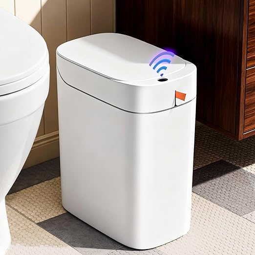 MOPUP Bathroom Trash Can, Automatic Bagging Garbage Can, 3.5 Gallon Slim Smart Small Plastic Trash Bin, Narrow Motion Sensor Trash Can for Bedroom, Office White