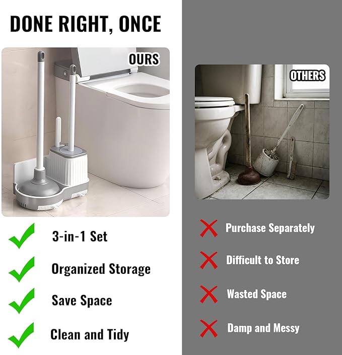 3-in-1 Toilet Brush and Plunger Set with Hidden Holder, Vented Stand & Drip Tray, Hangable or Freestanding, 360° Deep-Clean Brush Head + Gap Brush, Shatter-Resistant Handles（White）