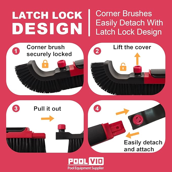 Poolvio 22" Extra-Wide Pool Brush Head, Heavy-Duty Pool Scrubber Brush with Detachable Corner Brush & Strong Nylon Bristles for Walls & Floors in Above-Ground and Inground Pools (Red)