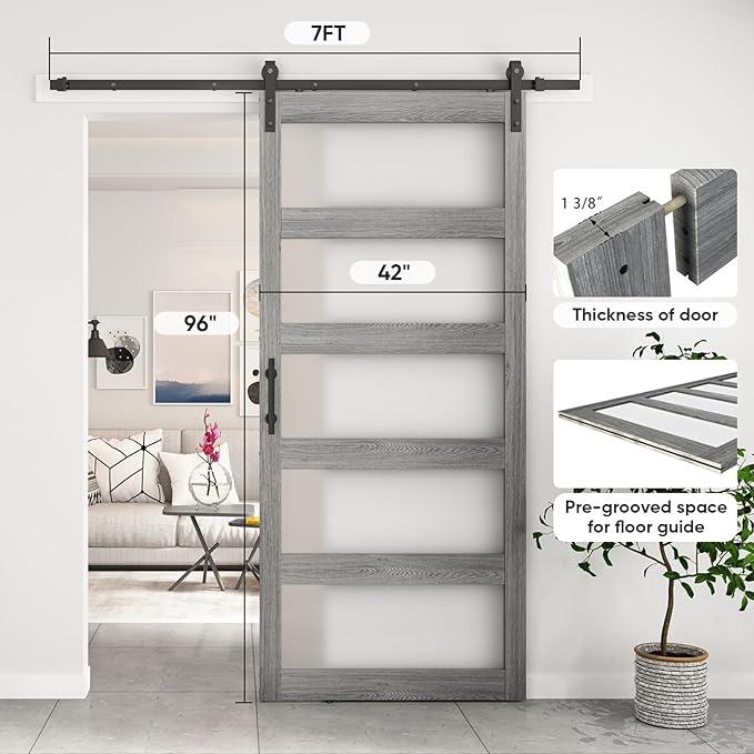 BARNSMITH 42in x 96in Glass Barn Door and 7FT Sliding Door Hardware Included, 5-Panel Frosted Glass, Solid Wood Covered with Water-Proof PVC Surface, Easy Assembly, Grey