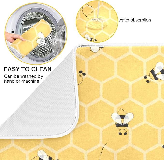 Funny Bees Honey Dish Drying Mat 18x24 for Kitchen Counter Yellow Bumblebee Beehive Dishes Pad Absorbent Fast Dry Dish Draining Mats Large Kitchen Accessories