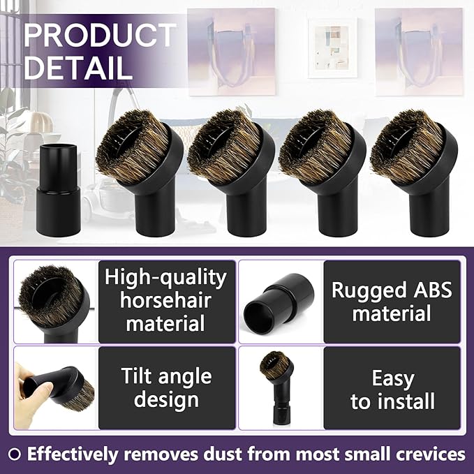 5PCS Horse Hair Brush Vacuum Attachment Set - Black Round Horse Hair Vacuum Attachments & Brushes - Shop Vac Brush Attachment for Most Vacuum Cleaners Accessories - 1 1/4" Vacuum Attachments Included
