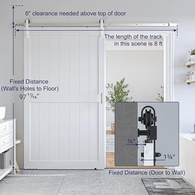 SmartStandard 48 x 96 inch White Sliding MDF Barn Door with 8FT Brushed Nickel Sliding Door Hardware Kit & Handle, Pre-Drilled Ready to Assemble, Waterproof PVC Coating, H-Frame