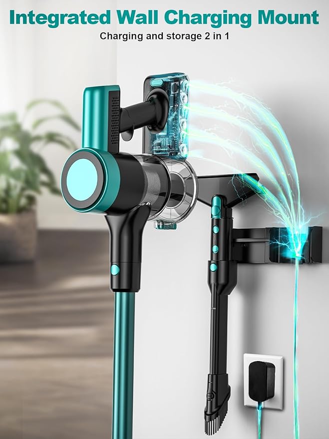 Cordless Vacuum Cleaner, 58Kpa Vacuum Cleaners for Home, 55Mins Stick Vacuum with Self-Standing & LED Display, Anti-Tangle & Wall Mount Charging (Cyan)