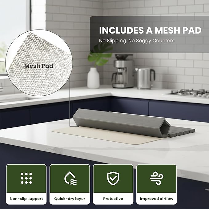 Large Stone Drying Mat for Kitchen Counter - Collapsible Quick-Dry Diatomite Dish Drying Mat, Non-Slip (Gray)