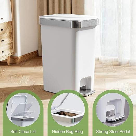 2 Pack Bathroom Garbage Can with Lid, 2.6 Gallon /10 Liter Small Trash can, Press Top Bin & Step Metal Pedal Trash Bin, Mini Waste Basket for Bedroom, Home Office, Toilet, Dorm (Grayish-White)