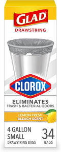 Glad Small Drawstring Trash Bags with Clorox, 4 Gal, Lemon Fresh Bleach, 34 Ct (Package May Vary)