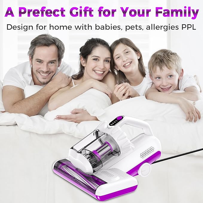winterbear Mattress Vacuum Cleaner, 17Kpa Suction 500W High Power Handheld Roller-Type Bed Vacuum Cleaner with U-V-C Light & High Heating & Ultrasonic Tech, 2 * 30000Rpm Brush Rolls, Corded, White