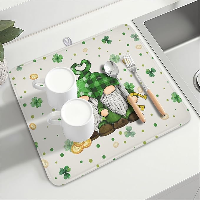 St Patrick's Day Gnome Dish Drying Mat for Kitchen Counter,Inch Lucky Shamrock Gold Coin Drying Mat 16 x 18 Inch with Absorbent Reversible Microfiber Dish Drying Pad for Coffee Bar
