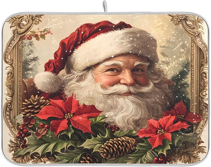 Christmas Santa Claus Poinsettia Dish Drying Mat for Kitchen Counter Absorbent Microfiber Drying Pad, Large 18x24 in