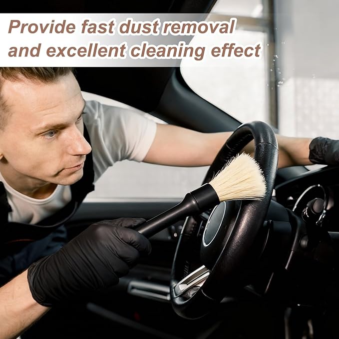 HARFINGTON 3 Pcs Car Detailing Brush 9.1" Natural Bristle Auto Cleaning Brush Scratch Free Automotive Cleaner Duster for Exterior Interior Dashboard Wheels Air Vents, Yellow