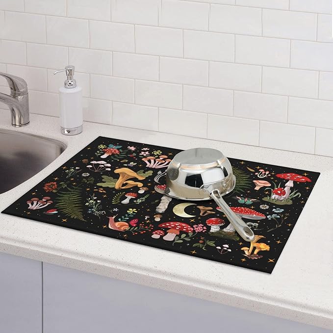 Mushroom Dish Drying Mat for Kitchen Counter 18"x24" Moth Gothic Witchy Dishes Pad Dish Drainer Rack Mats Microfiber Washable Absorbent Kitchen Decor, Black