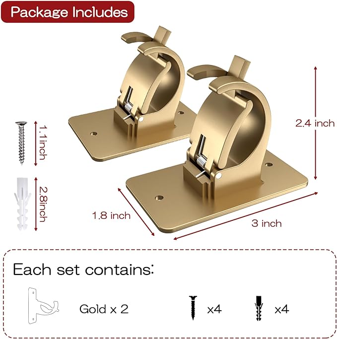 2 Pieces Self Adhesive Curtain Rod Bracket, Universal Plastic Curtain Rod Holders, No Drill Curtain Rod Brackets Curtain Rod Hooks for Bathroom, Bedroom, Livingroom(Gold)