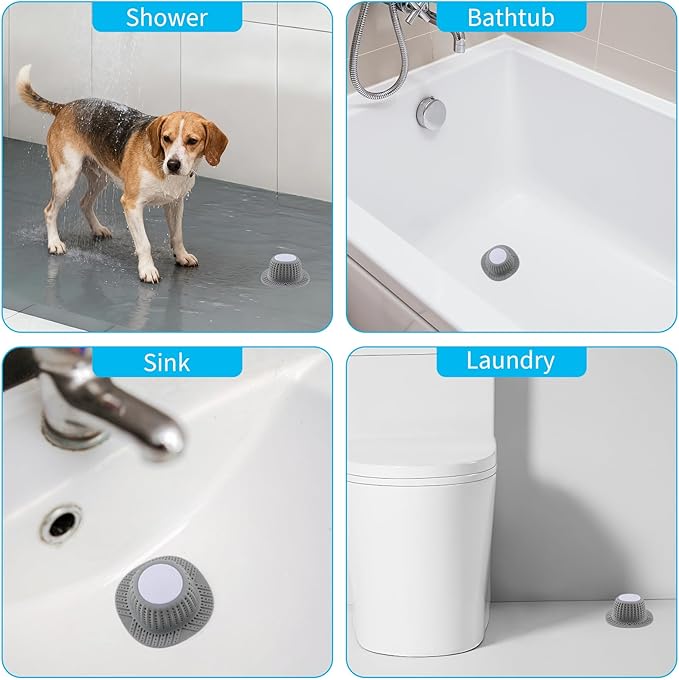 2 Pack Bathtub Drain Hair Catcher for Dog Hairs, Silicone Shower Hair Catcher, Dog Hairs Drain Protector for Pop-Up and Regular Drains of Shower, Tub, Bathroom and Sink, Grey