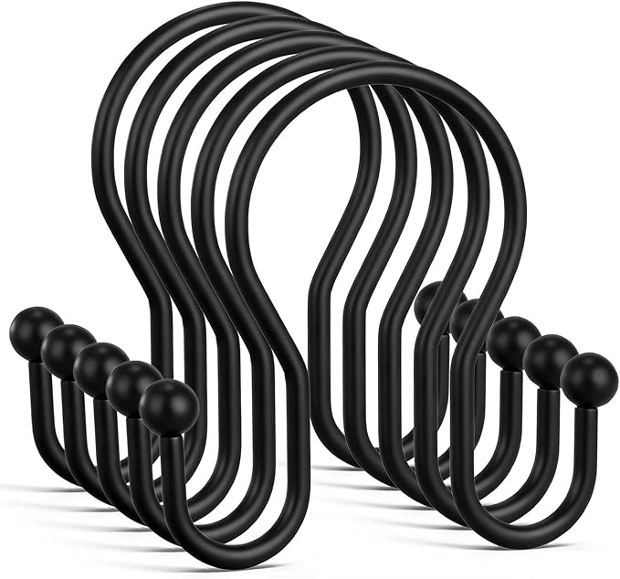 Goowin Shower Curtain Hooks, 12 Pcs Shower Curtain Rings, Stainless Steel Shower Curtain Hangers, Black Shower Curtain Hooks Rings Rust Proof, Minimalist Shower Hooks for Shower Curtain, Black