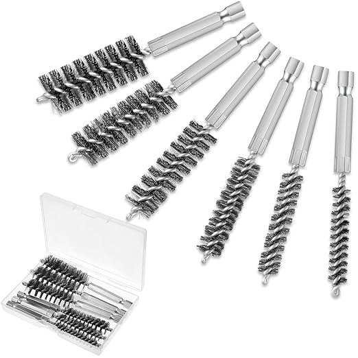 Patelai 6 Pcs Stainless Steel Wire Bore Brush Different Size Twisted Cleaning Brush with Handle 1/4 Inch Hex Shank for Power Drill Impact Driver (9/ 11/ 13/ 16/ 18/ 19 mm)