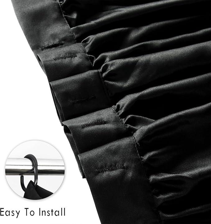 Black Ruffle Shower Curtain, Vintage Handcrafted Bow Tie Bath Curtain for Master Bathroom, Ruched Satin Bathroom Curtain with 12 Buttonholes, 72" W x 72" H (LQ-10)