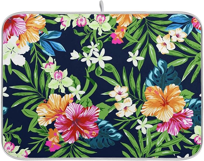 Tarity Colorful Tropical Flowers Dish Drying Mat for Kitchen Counter Absorbent Heat Resistant Microfiber Dishes Drainer Mat 16x18 in Dish Pad Sink Mat Protective Pad Kitchen Decor