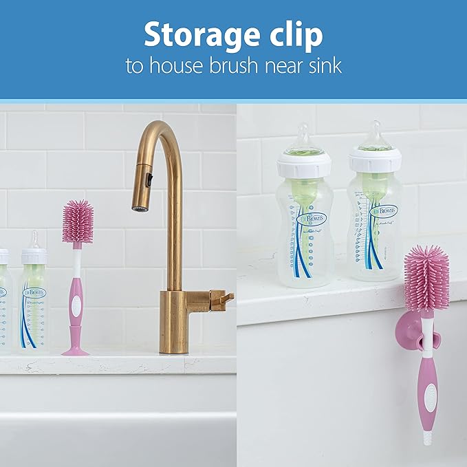 Dr. Brown's Soft Touch No Scratch Baby Bottle Cleaning Brush Nipple Cleaner with Stand and Storage Clip,BPA Free,Pink,(Pack of 12)