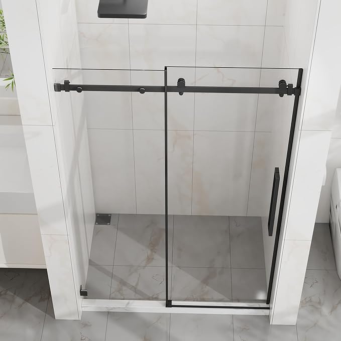 Frameless Shower Door 48" W x 72" H, 1/4" Clear Tempered Glass, Sliding Design, Reversible Installation, Matte Black Finish, Space-Saving Glass Shower Door for Small Bathrooms