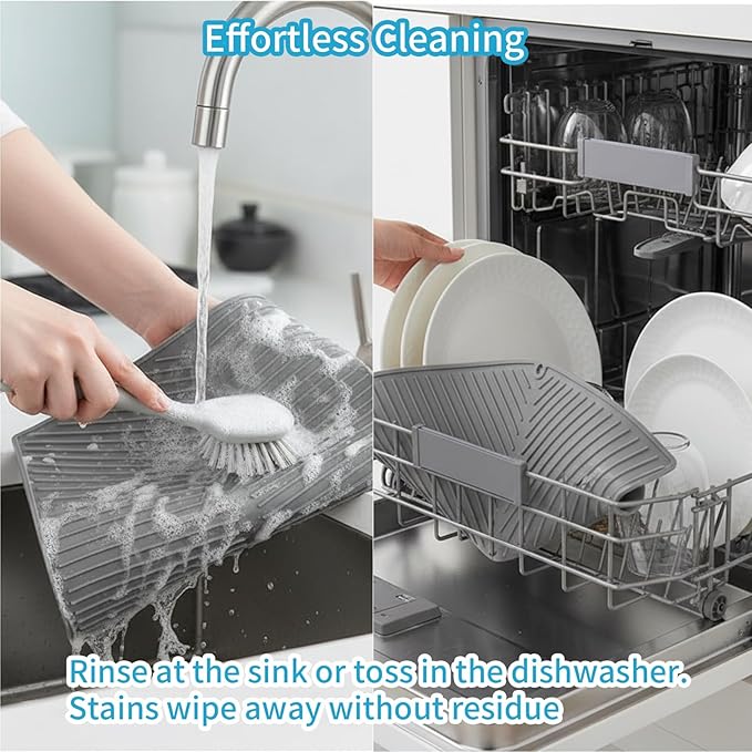Silicone Dish Drying Mat for Kitchen Counter with 6.5" Built-in Drain Lip & Hanging Hole, Quick-Dry, Heat-Resistant, Non-Slip Stone Drying Mat, Easy to Clean and Drain Board (Grey, 16.9" x 13")