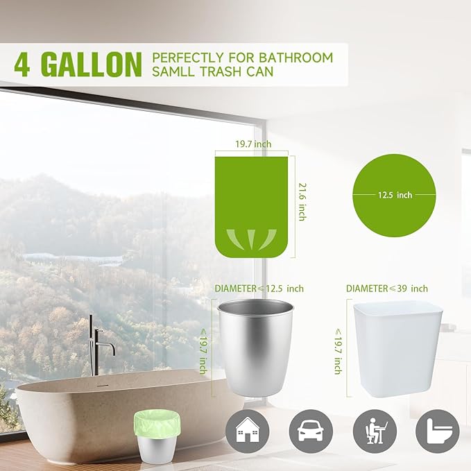 Rishipahu Small Trash Bags 4-6 Gallon Biodegradable, 110 Count Small Garbage Bags, Unscented & Leakage-Proof, Easy Tearing Bathroom Trash Bags for Bathroom, Office, Bedroom, Kitchen, Green