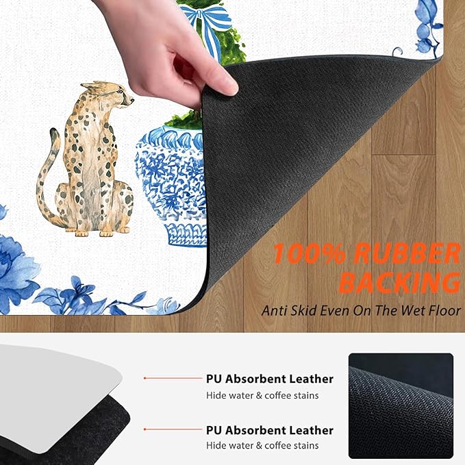 Chinoiserie Dish Drying Mat - Blue And White Porcelain Dish Drying Mat,Chinoiserie Leopard Drying Mat For Kitchen Counter,Coffee Bar Mat,Vintage Chinoiserie Drying Mat,16x17.5 Inch