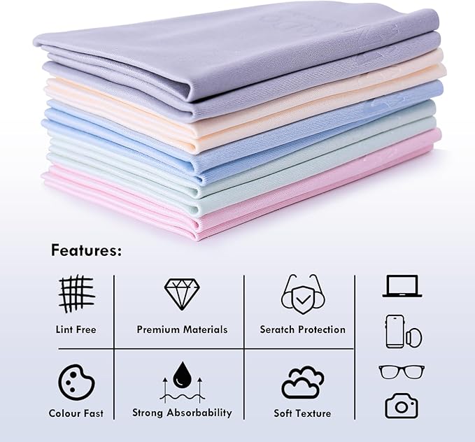 Nadadora Individually Wrapped Assorted Color Premium Microfiber Glasses Cleaning Cloths, 10 Pack, Thickened,Soft Dense for Eyeglasses,Sunglasses,Camera,Jewelry,Phone,Lense,LCD,Reusable Washable,6"X7"
