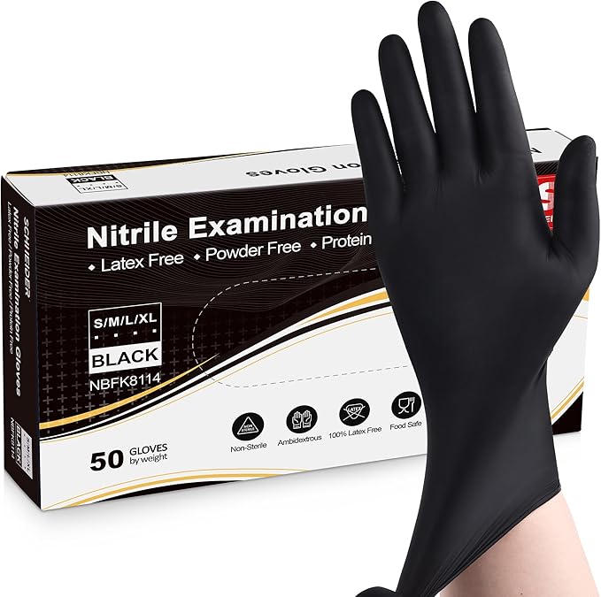Schneider Black Nitrile Exam Gloves, 5 Mil Disposable Gloves, Latex Free & Powder Free, for Medical, Cleaning, Food Prep