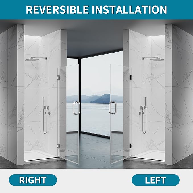 Framelss Single Swing Hinged Shower Door, 28"W x 76"H Pivot Shower Door, 5/16" (8mm) Tempered Glass with Nano Coating, SGCC Certified, Glass Door for Walk-in Shower - L02-28 (Bright Chrome)