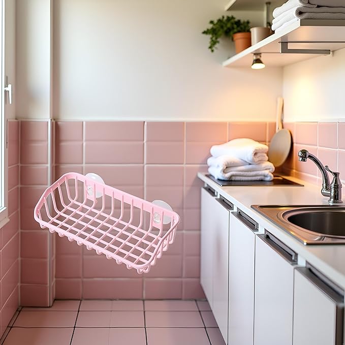 Pink Multifunctional Drain Rack,Hanging Storage Rack Drain Rack Sink Shelf Suction Cup Dishwashing Soap Sponge Holder for Kitchen Accessories Racks and Holders