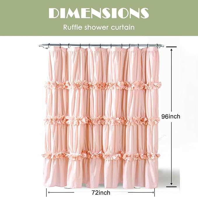 Peach Ruffle 72x96 Inch Shower Curtain, Vintage Handcrafted Bow Tie Bath Curtain for Master Bathroom, Ruched Microfiber Bathroom Curtain with 12 Buttonholes (LQ-10)