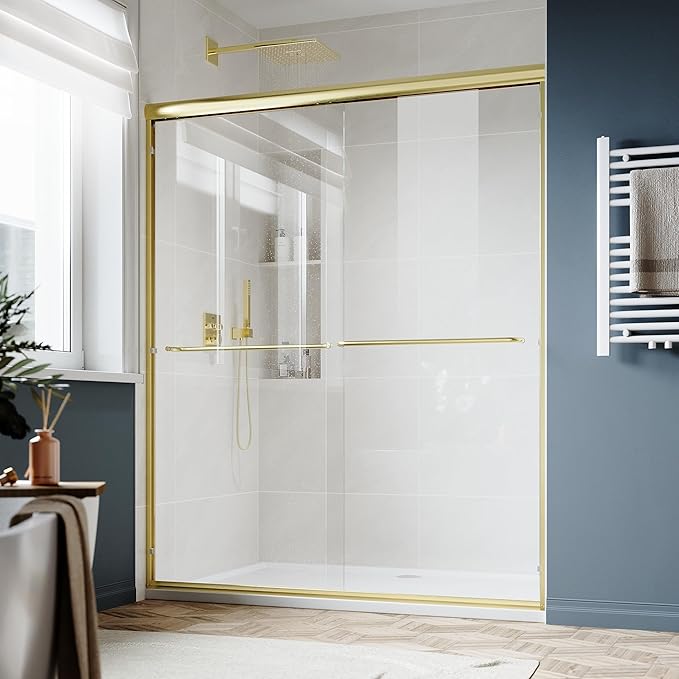 SUNNY SHOWER Double Sliding Glass Door 60" W x 72" H Shower Door 1/4" Tempered Glass Sliding Door Semi-Frameless Shower Glass Enclosure Bypass Walk in Shower Cabin, Brushed Gold