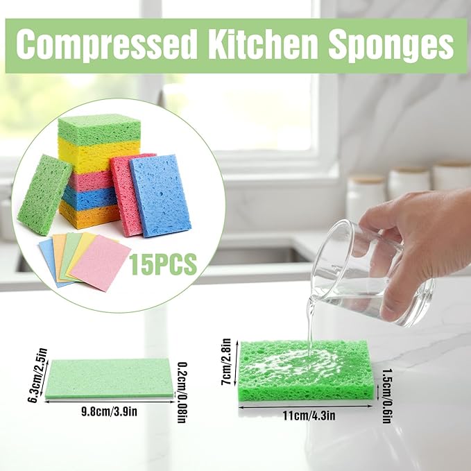 15 Pcs Cellulose Sponges Kitchen, 5 Colors Non-Scratch Colorful Sponges, Compressed Sponge Kitchen Multipurpose Kitchens Sponge Pack for Kitchens, Bathroom, Cars, Funny Cut-Outs DIY